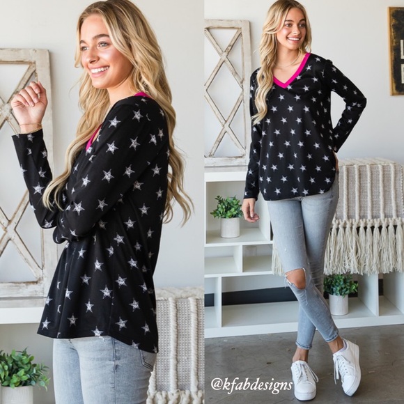 ❤️LAST 1! So Soft! V Neck Hot Pink Contrast Soft Faded Star Top! - Picture 5 of 12